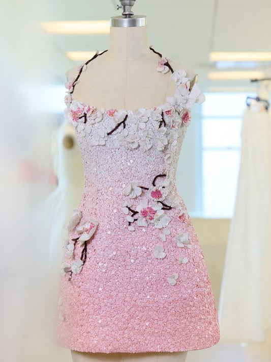 Elegant A line Halter Pink With 3D Flowers Sequin Party Dress Short Mini 15th Birthday Dresses Hoco Outfits RB3395