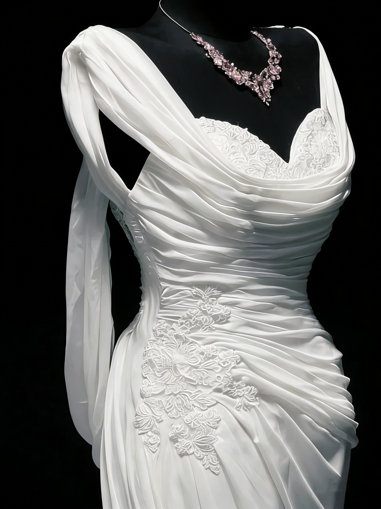 Vintage Brautkleid Meerjungfrauen-Stil, herzförmiger Schnitt, Chiffon, weiß, geraffte Spitze, langes Brautkleid, figurbetontes Brautkleid N1207