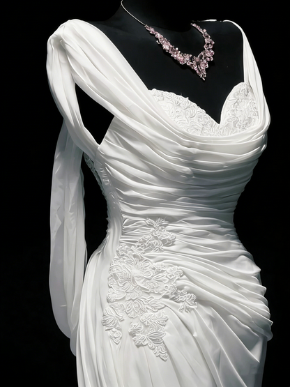 Vintage Brautkleid Meerjungfrauen-Stil, herzförmiger Schnitt, Chiffon, weiß, geraffte Spitze, langes Brautkleid, figurbetontes Brautkleid N1207