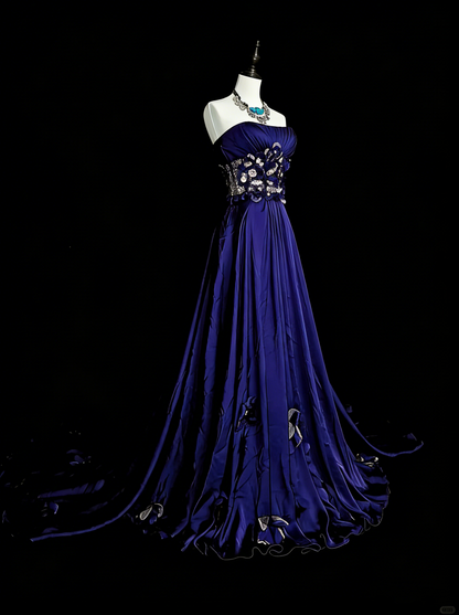 Vintage A-Linien-Kleid, trägerlos, königsblau, Satin, ärmellos, 90er-Jahre-Stil, Inspiration für langes, formelles Abendkleid N1499
