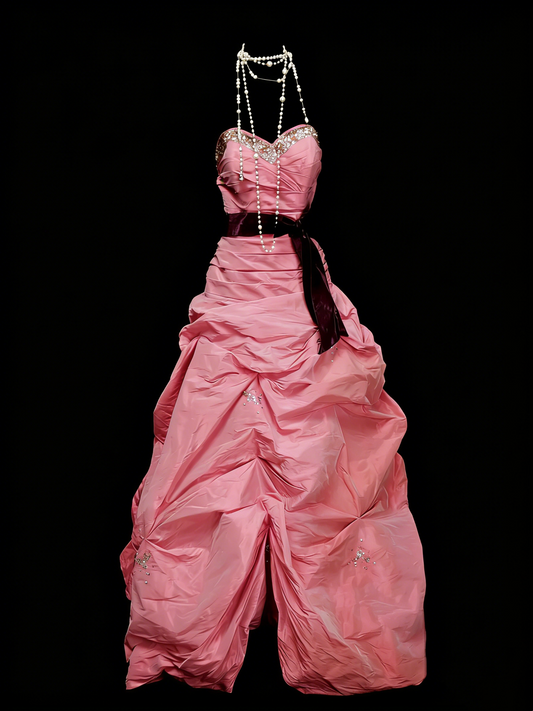 Cute Ball Gown Strapless Pink With Ruffles Taffeta Long Party Gowns Prom Dresses N2140