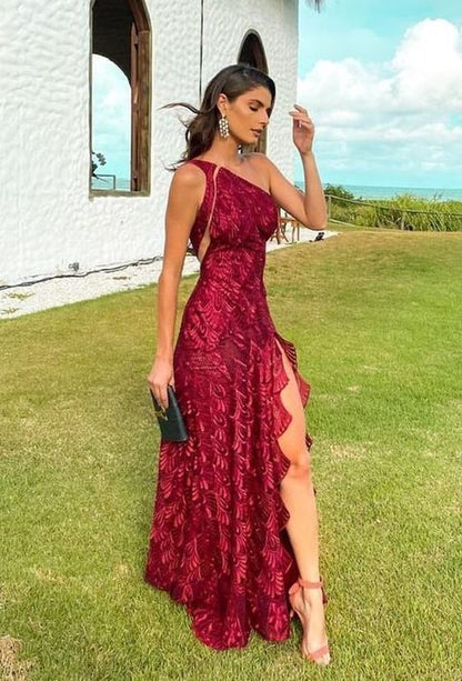 Robe de soirée rouge élégante en dentelle, coupe trapèze, une épaule dénudée, avec fente (Vestidos De Dia AB506)