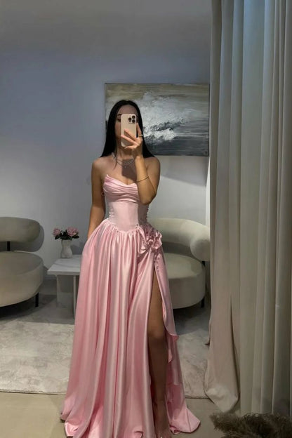 Gorgeous Baby Pink Sweetheart Satin Prom Dresses Sleeveless High Slit Gem With Pleats Vestidos De Dia AB503