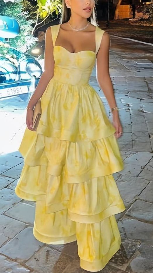 Yellow Printing Yellow Satin A-Line Tiered Sleeveless Long Prom Formal Dress Vestidos De Dia AB500