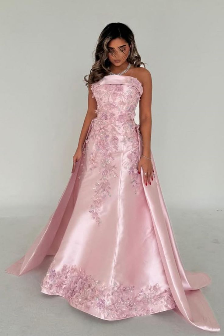 Robe de soirée élégante rose pour femme, coupe trapèze, sans bretelles, en satin, ornée d'appliques et d'une traîne amovible (AB498)