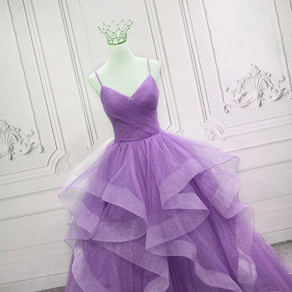 Purple Prom Dress Ball Gown Spaghetti Strap Tulle Sequin Long Formal Gown Evening Dresses For Teens Formal N038