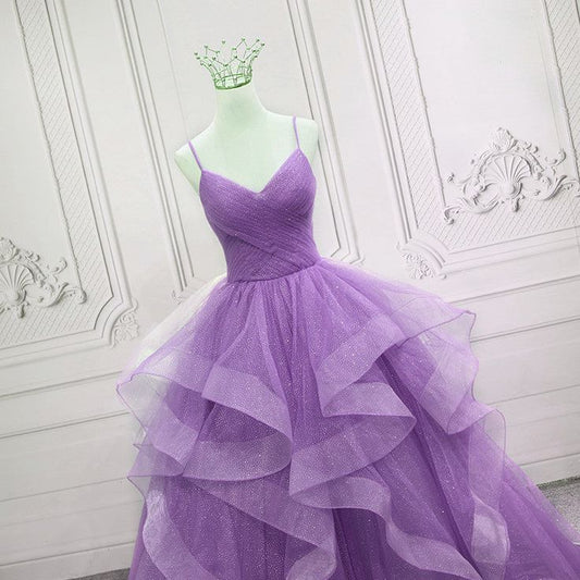 Purple Prom Dress Ball Gown Spaghetti Strap Tulle Sequin Long Formal Gown Evening Dresses For Teens Formal N038