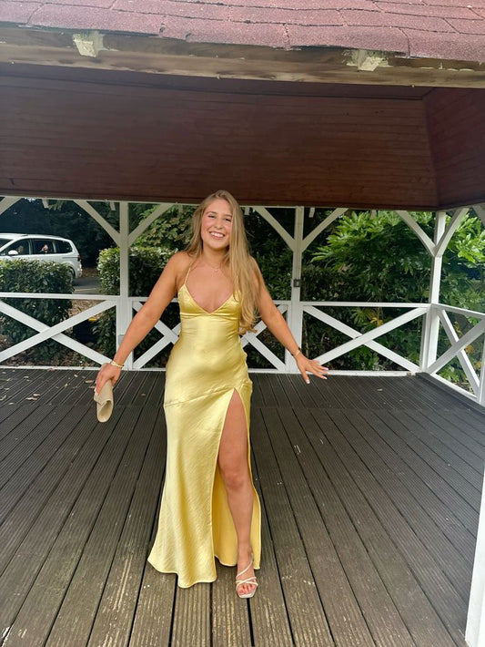 Simpler Mermaid Yellow Prom Dresses For Women Satin Slit Party Gown Birthday Outfits N1542