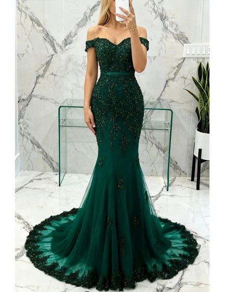 Green Mermaid Lace Beaded Off-Shoulder Formal Prom Dresses Long Party Dress AB1581