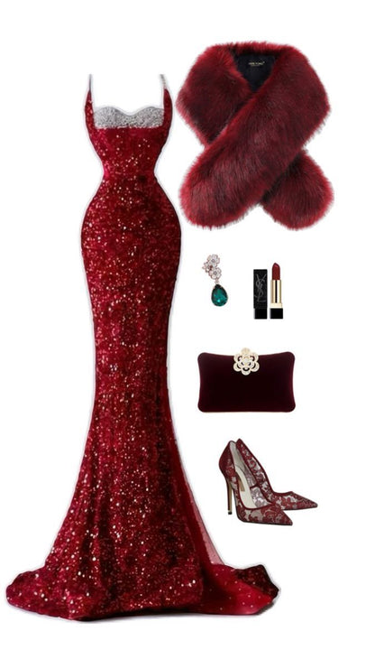 Robe de soirée longue bordeaux à fines bretelles et sequins, style sirène, ornée de paillettes et de sequins, idéale pour un bal de promo ou un dîner chic (AB2047)