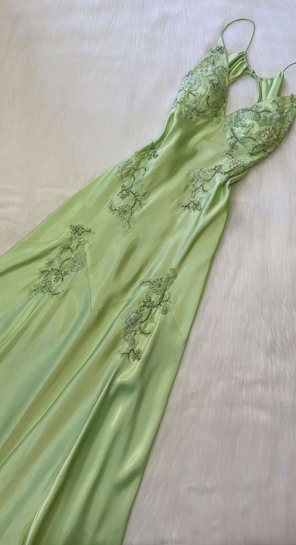 Pretty Mermaid V Neckline Green Satin Backless Evening Dress Prom Dresses With Beads AB957