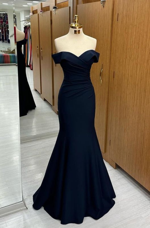 Marineblaues schulterfreies Meerjungfrauen-Abendkleid mit kurzen Ärmeln und Herzausschnitt, perfekt für Geburtstage und als Ballkleid (AB2390)