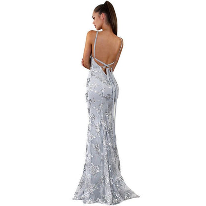 Elegant Mermaid Halter Sleeveless Navy Blue With Lace Long Sequins Backless Prom Dresses Vestidos De Dia AB559