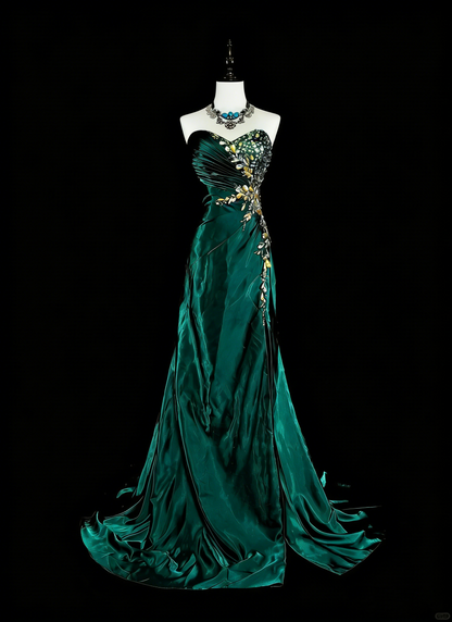 Vintage Meerjungfrauen-Abendkleid mit Herzausschnitt, dunkelgrüner Satin, ärmellos, 90er-Jahre-Stil, Inspiration, langes formelles Partykleid N1498