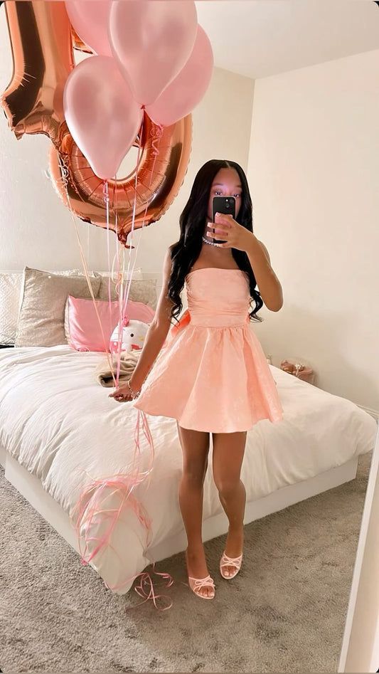 Elegant A line Strapless For Black Women Pink Party Dress Short Mini 16th Birthday Dresses Hoco Outfits RB3408