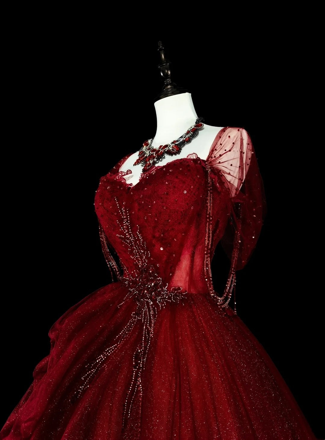 Robe de bal bustier bordeaux en tulle ornée de perles, robe de soirée, robe de cérémonie, style vintage, N1777