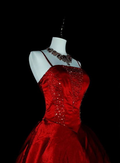 Robe de bal à fines bretelles en satin bordeaux, robe de soirée, robe de cérémonie, style vintage, N1776