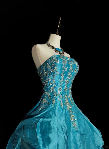 Vintage Ballkleid, trägerlos, blauer Organza mit Rüschen, Sweet 16 Kleider, Quinceañera Kleid, lang, Vestidos De Fiesta N1461