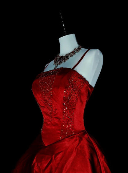Robe de bal à fines bretelles en satin bordeaux, robe de soirée, robe de cérémonie, style vintage, N1776