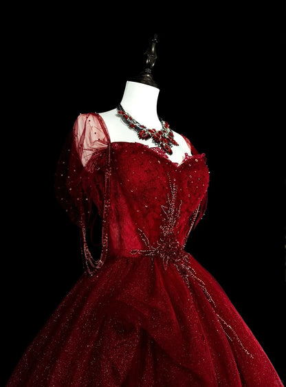 Robe de bal bustier bordeaux en tulle ornée de perles, robe de soirée, robe de cérémonie, style vintage, N1777