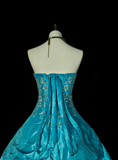 Vintage Ballkleid, trägerlos, blauer Organza mit Rüschen, Sweet 16 Kleider, Quinceañera Kleid, lang, Vestidos De Fiesta N1461
