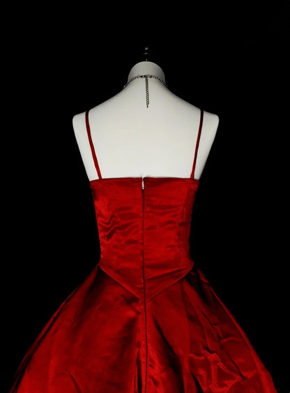 Robe de bal à fines bretelles en satin bordeaux, robe de soirée, robe de cérémonie, style vintage, N1776