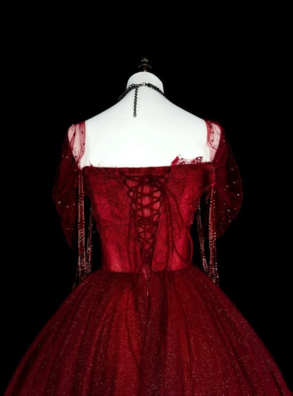 Robe de bal bustier bordeaux en tulle ornée de perles, robe de soirée, robe de cérémonie, style vintage, N1777