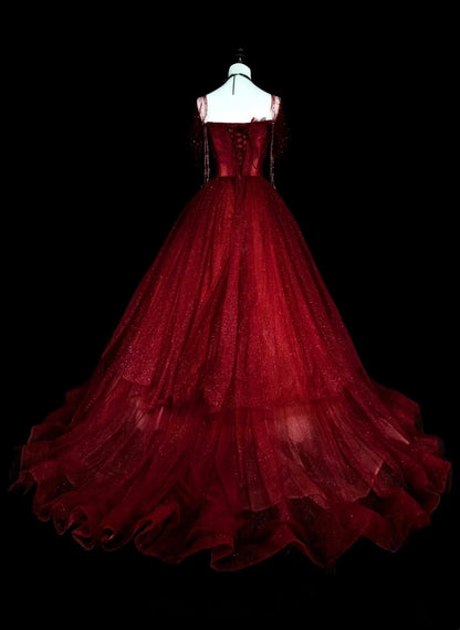 Robe de bal bustier bordeaux en tulle ornée de perles, robe de soirée, robe de cérémonie, style vintage, N1777