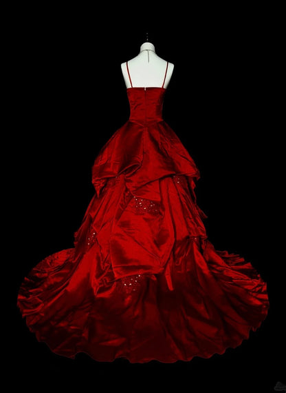 Robe de bal à fines bretelles en satin bordeaux, robe de soirée, robe de cérémonie, style vintage, N1776
