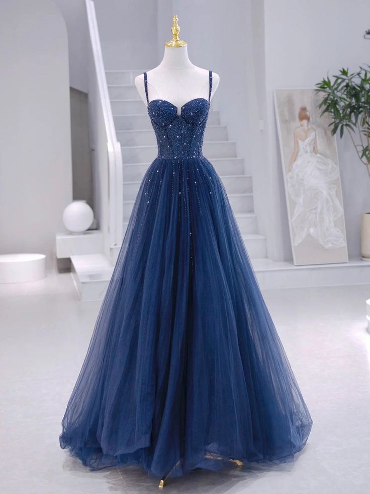 Modest A line Spaghetti Straps Navy Blue Tulle With Silver Beads Prom Dresses Long Party Dress Evening Dresses AC013