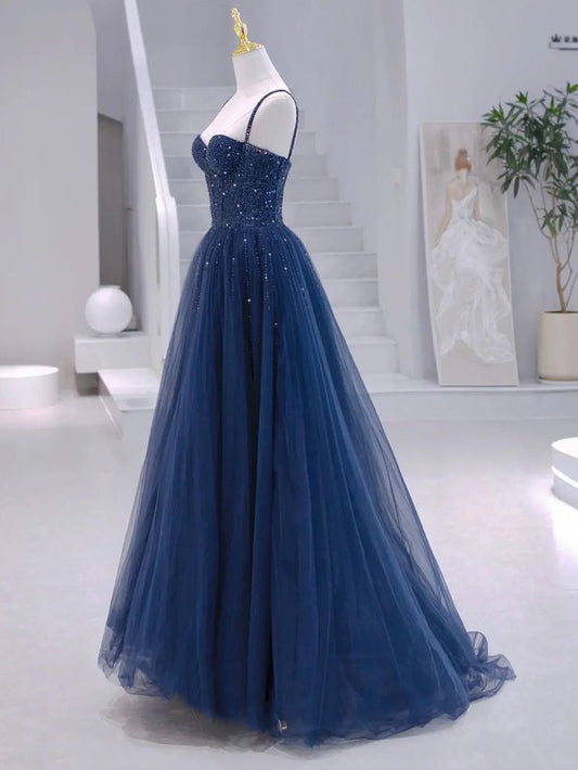 Elegantes, marineblaues Tüllkleid in A-Linie mit Spaghettiträgern und silbernen Perlen, langes Ballkleid/Abendkleid AC013