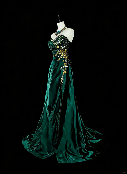 Vintage Meerjungfrauen-Abendkleid mit Herzausschnitt, dunkelgrüner Satin, ärmellos, 90er-Jahre-Stil, Inspiration, langes formelles Partykleid N1498