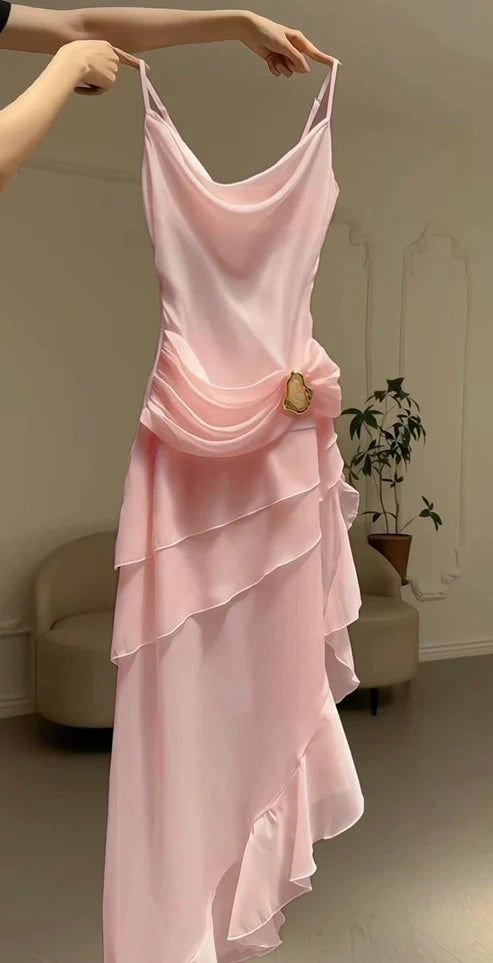 Robe de bal/soirée/fête élégante rose vintage à fines bretelles en mousseline longue N1869