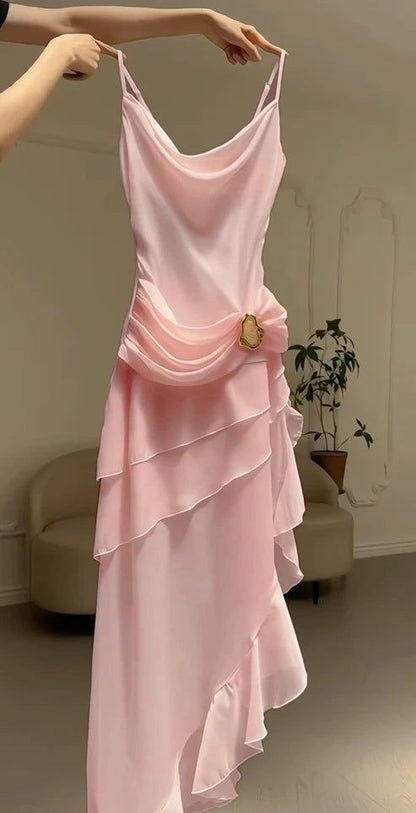 Robe de bal/soirée/fête élégante rose vintage à fines bretelles en mousseline longue N1869