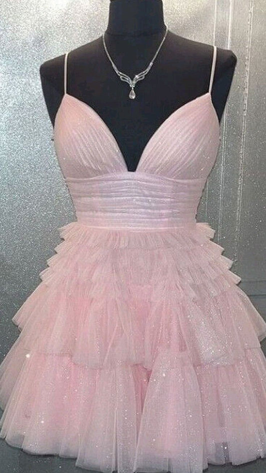 Robe de bal de fin d'année courte en tulle rose à paillettes, coupe trapèze et bretelles spaghetti, pour le bal de 8ème année RB3410