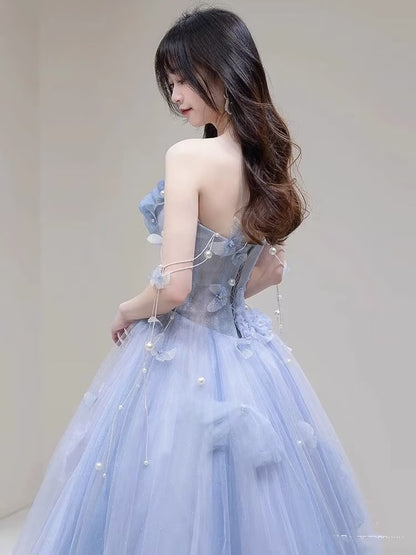 Robe de bal charmante, bustier cœur, tulle bleu, longue, robe de soirée formelle, robe de bal AU112