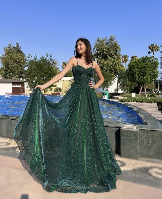 Modest long A line spaghetti straps dark green sequins prom dress Formal Party Gown AB477