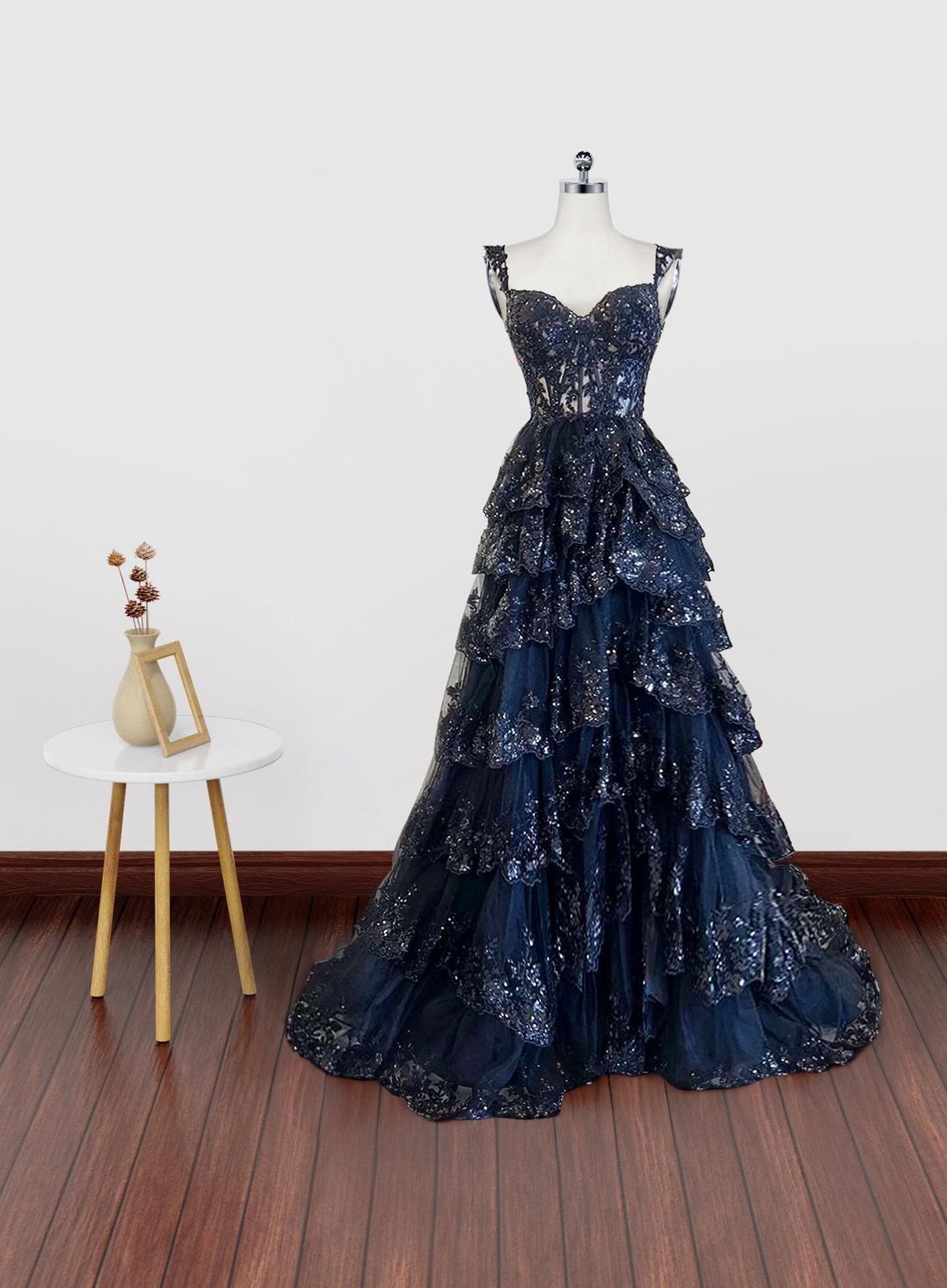 Sparkly Sleeveless Spaghetti Straps Sequins Ball Gown Navy Blue Prom Dresses AB457