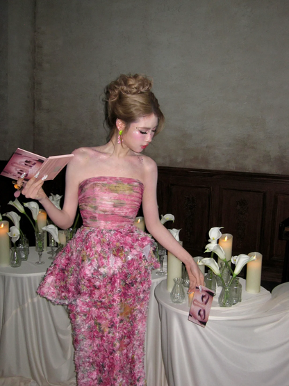 Elegantes, trägerloses Meerjungfrauen-Abendkleid in Pink mit Blumenmuster, ästhetisches langes Ballkleid für Abschlussball und Tanz N053