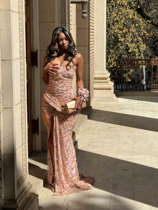 Sexy Meerjungfrauen-Abendkleid, trägerlos, pink, mit Schlitz, perlenbesetztem Oberteil, Abendkleid N635