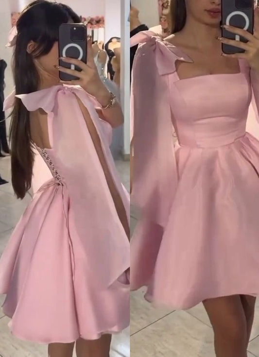Cute Ball Gown Spaghetti Straps Pink With Bow Short Mini Party Outfits Homecoming Dresses RB4230