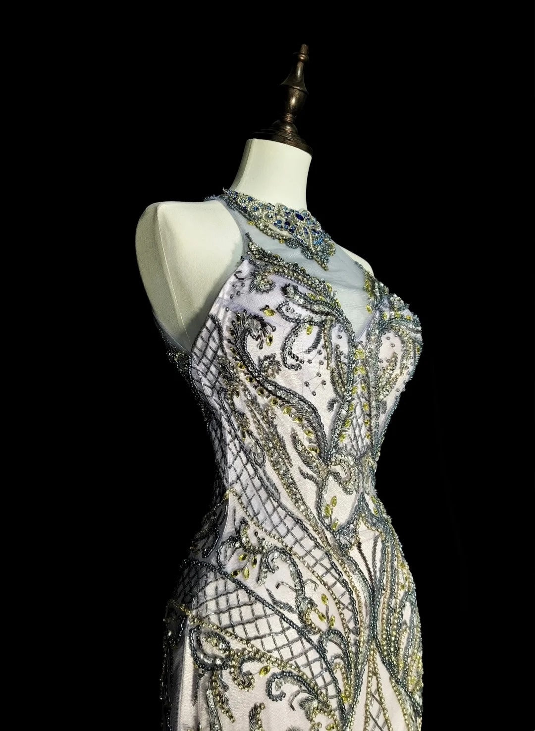 Vintage 1960s Mermaid High Neck Sleeveless Tulle Light Sky Blue Long Prom Formal Dresses N1581