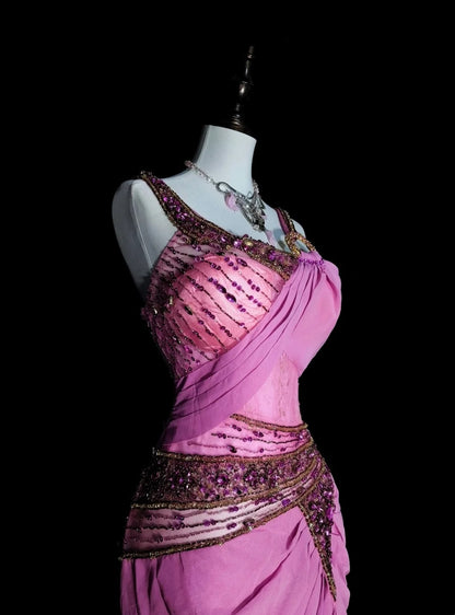 Vintage 1960s Mermaid Sweetheart With Straps Pink Satin Sleeveless Long Prom Formal Dresses N1597