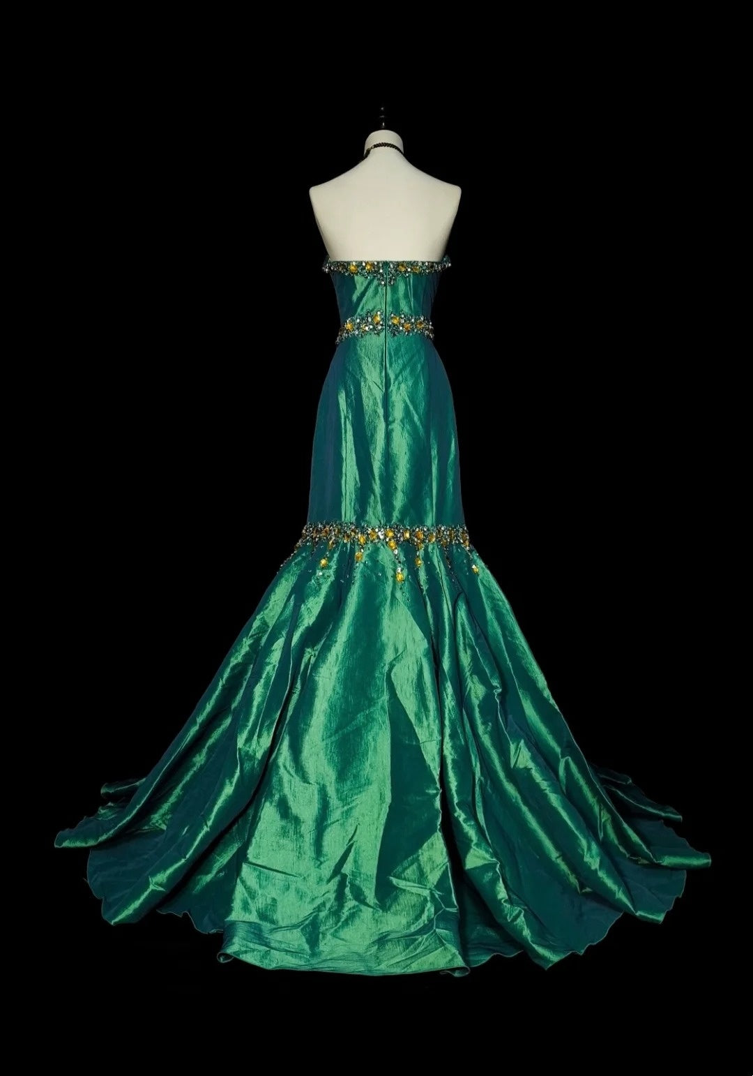 Vintage 1960s Mermaid Sweetheart Dark Green Satin Sleeveless Long Prom Formal Dresses N1596
