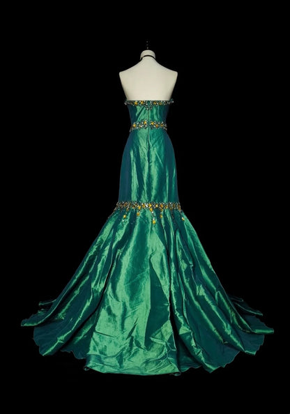 Vintage 1960s Mermaid Sweetheart Dark Green Satin Sleeveless Long Prom Formal Dresses N1596
