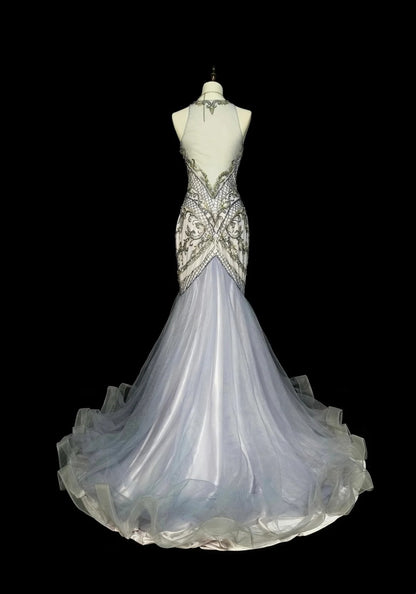 Vintage 1960s Mermaid High Neck Sleeveless Tulle Light Sky Blue Long Prom Formal Dresses N1581