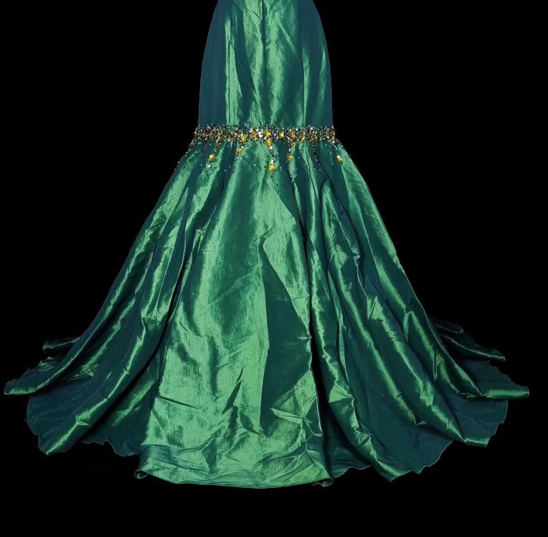 Vintage 1960s Mermaid Sweetheart Dark Green Satin Sleeveless Long Prom Formal Dresses N1596