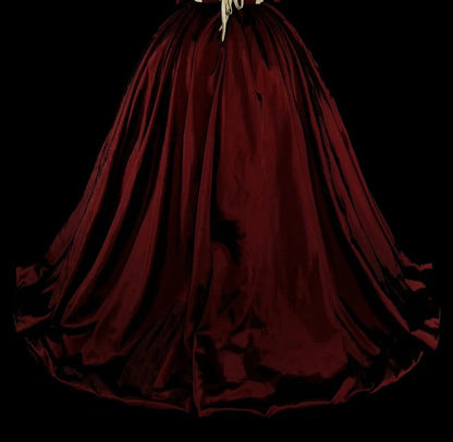 Robe de bal vintage années 1760, épaules dénudées, satin bordeaux plissé, longue, N1595