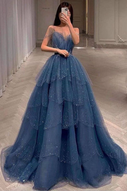 Robe de bal somptueuse en tulle bleu scintillant ornée de perles, robe de soirée à volants et strass AB2197
