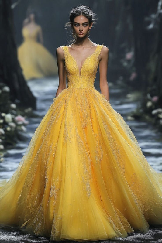 Elegant Ball Gown V Neck Yellow Tulle Evening Women Party Dresses Long Formal Prom Dress 16 Birthday Gown AB1278